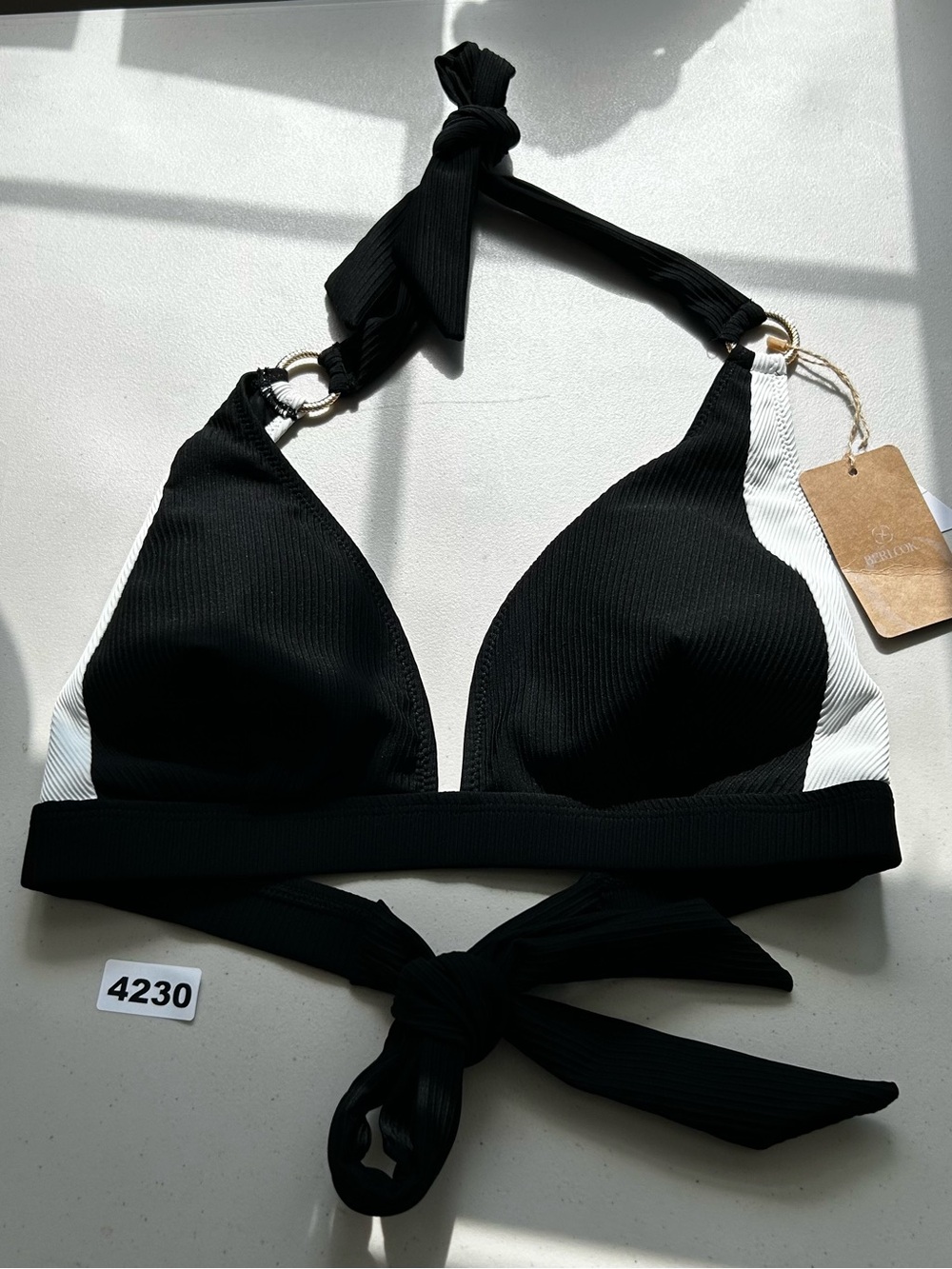 Berlook Bikini Top US Plus size 18 Ribbed Triangle Padded Black Strappy Halter